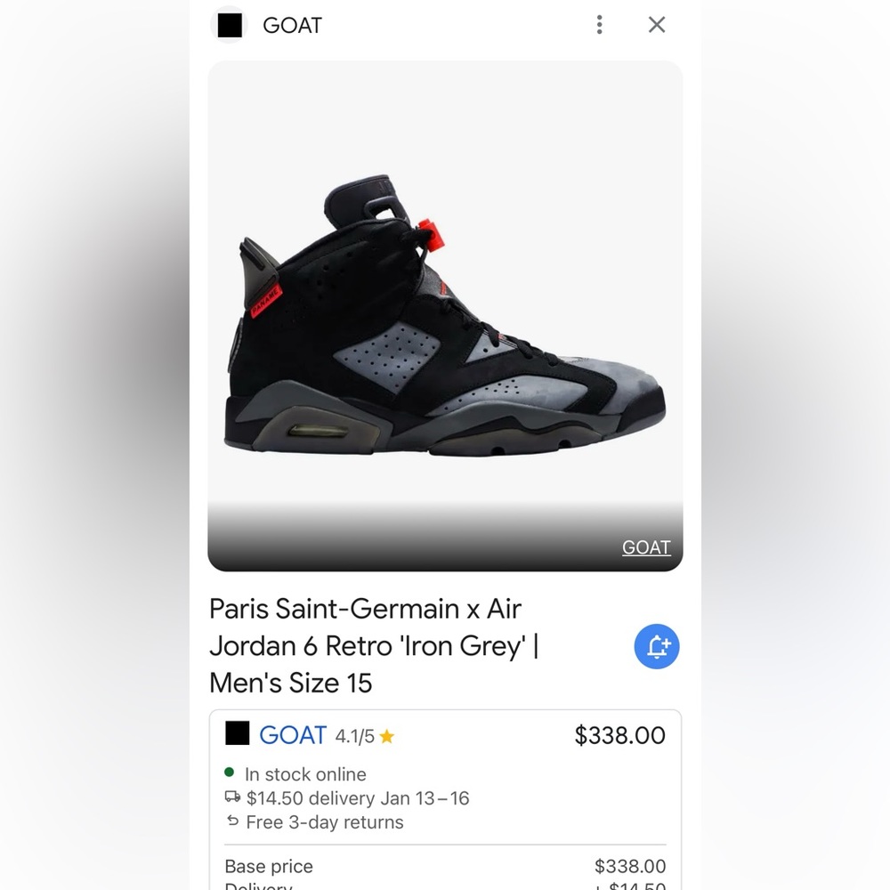Paris Saint-Germain x Air Jordan 6 Retro - Iron Grey size 15